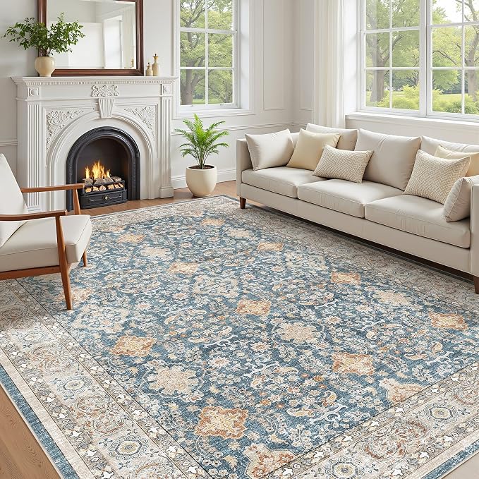 cotiled 8x10 Area Rug for Living Room, Traditional, Dark Blue | Soft Distressed by COTILED