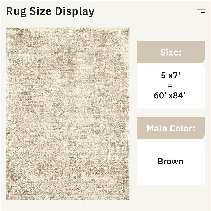 Soalmost 5x7 Area Rugs Light Brown Washable Trendy Faded Style Floral Rugs | - Image 5