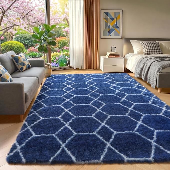 Geometric Area Rugs 5x8 for Living Room, Fluffy Moroccan Navy and White Rug for - Image 6