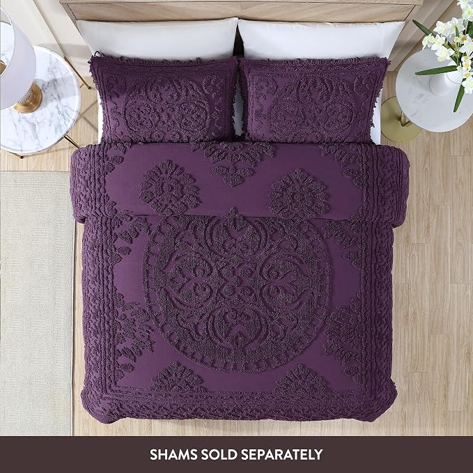 Beatrice Home Fashions Medallion Queen Cotton Chenille Bedspread, Eggplant | - Image 2