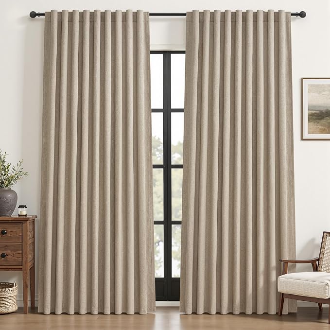 Blackout Curtains 60 Inches Extra Wide Grey Beige Linen Curtains 84 Inch Length by QJMYDECO