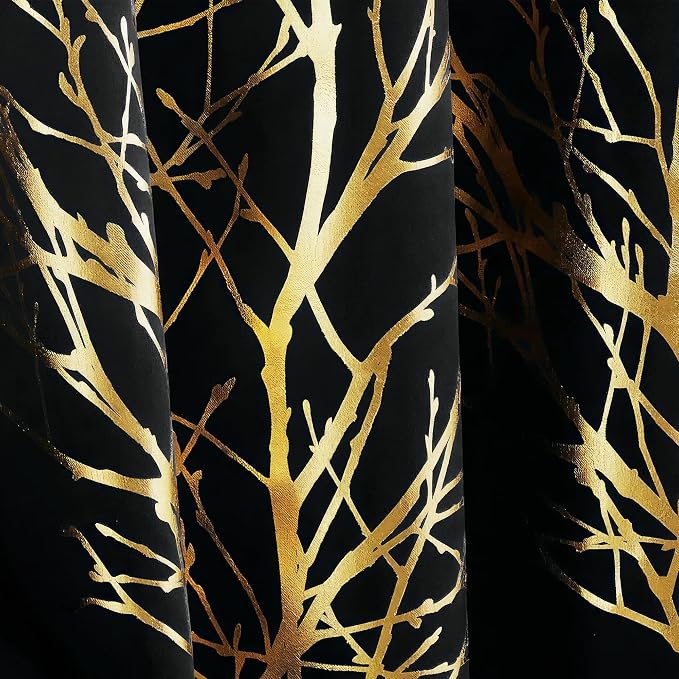 FMFUNCTEX 100% Blackout Black Gold Foil Tree Curtains 63 Inch Long 2 Panels | - Image 8
