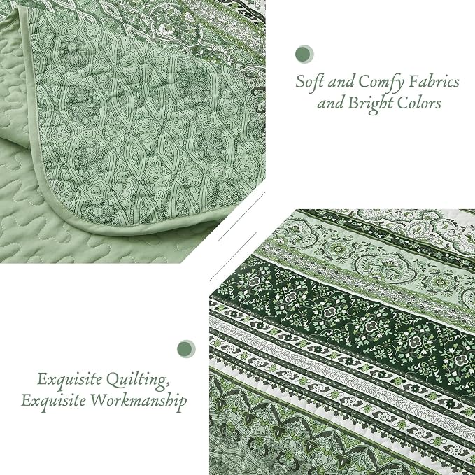 WONGS BEDDING Boho Quilt Set Full Size, Light Green Bohemian Full Quilt Bedding - Image 5