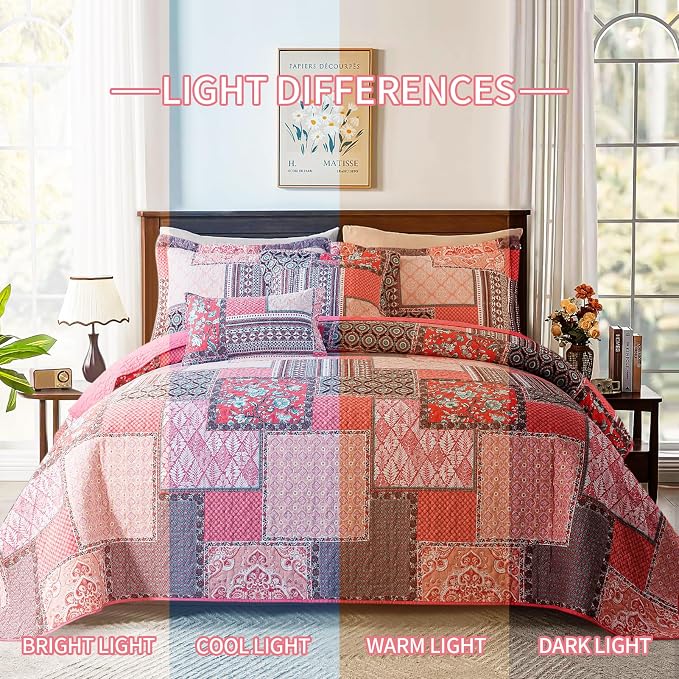 BEDIFANY Pink King Quilt Set, 100% Cotton Cover King Size Quilt Bedding Set | 3 - Image 6