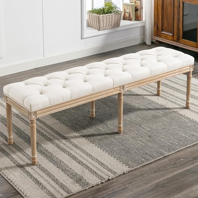 LUE BONA 60" Fabric End of Bed Bench, Upholstered Tufted French Bedroom Bench - Image 2