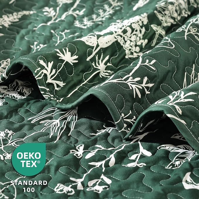 JANZAA Quilts Queen Size, Emerald Green Bedspread Floral Bedding Set 3 Pcs | - Image 2