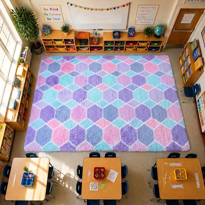 Checkered 6x9 Area Rugs for Living Room, Fluffy Purple Rainbow Colorful Rug for - Image 7