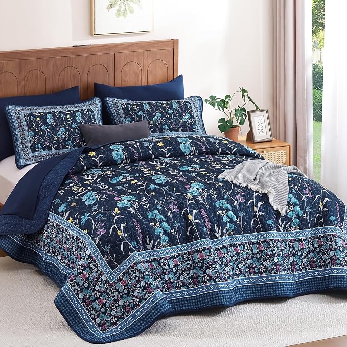 WONGS BEDDING Floral Quilt Set King, Microfiber Lightweight Farmhouse Bed Cover - Image 2