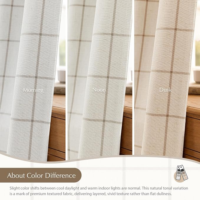 DriftAway 100% Blackout Plaid Linen Curtains 84 Inches Long 2 Panels Taupe | - Image 8