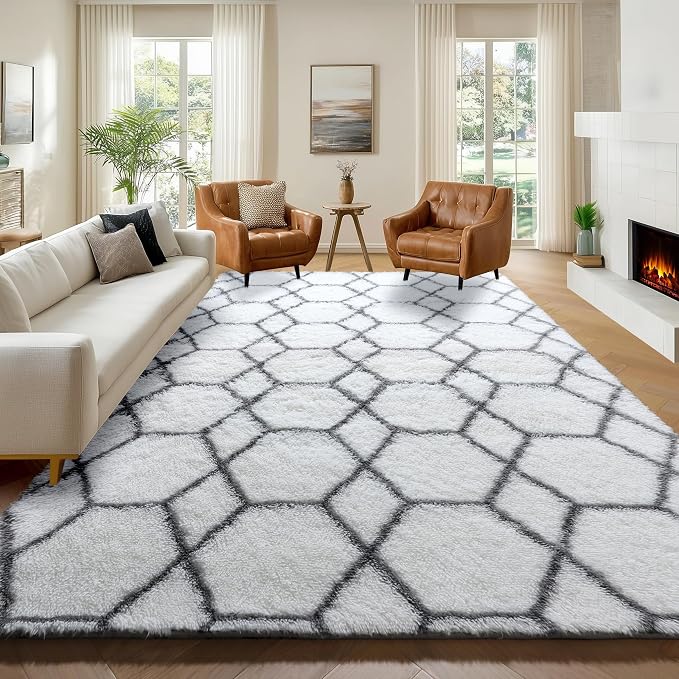 Area Rugs for Living Room, 7x10 Fluffy White and Grey Rug for Bedroom, - Image 2