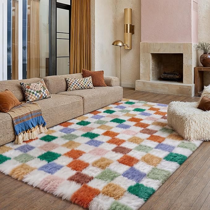 Colorful Area Rug 9x12 for Living Room Soft Checkered Shag Carpet | Machine - Image 4