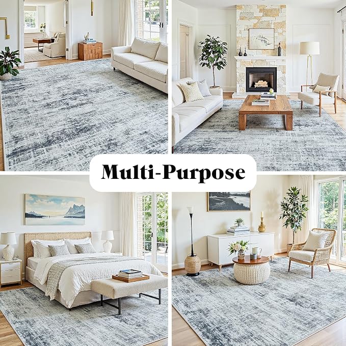 9x12 Washable Area Rug for Living Room Bedroom: Non-Slip Modern Black Grey | - Image 3