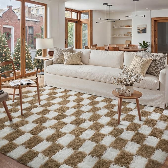 Brown Area Rug 5x7 for Living Room Soft Checkered Shag Carpet | Machine Washable by PureCozy