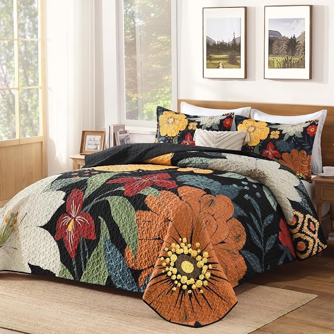 Oversized King Quilt Set Black, 120x120 Floral Super King Bedspread | 3 Pieces - Image 2