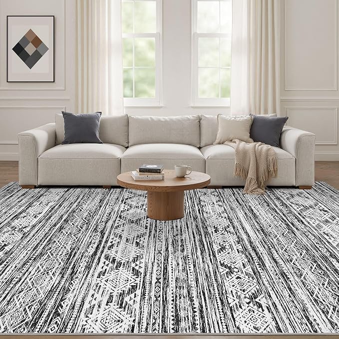Nakagishi Boho 5x7 Area Rug Living Room Rugs Machine Washable Black White | Soft - Image 4
