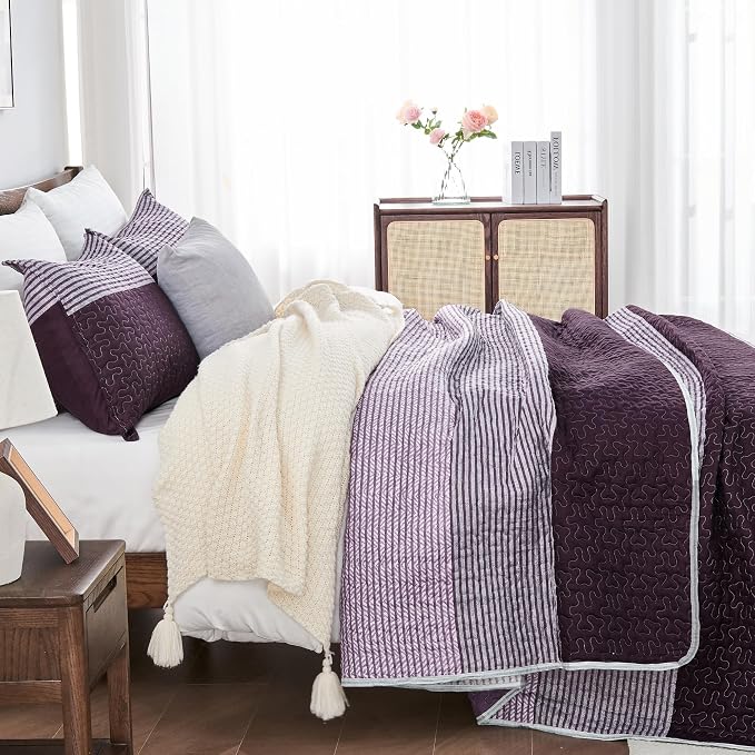Queen Quilt Set Purple Grey, 3 Pieces Striped Bedspread | Ultra Soft Summer - Image 2