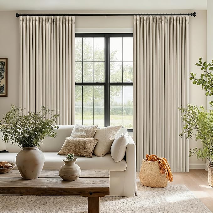 Oatmeal 105 Inch Blackout Linen Pleated Curtains - Image 8