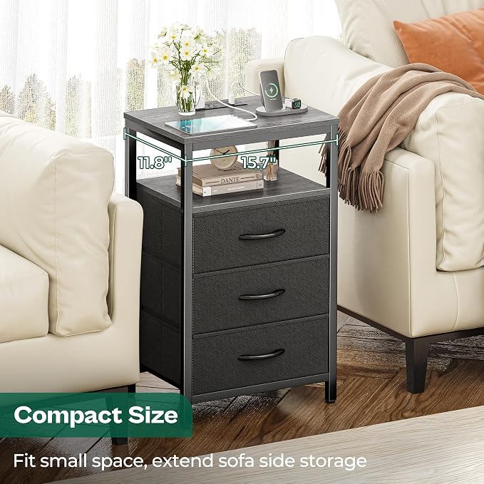 Huuger Nightstand with Charging Station, 27.6 Inch Bedside Table, Side Table | - Image 5