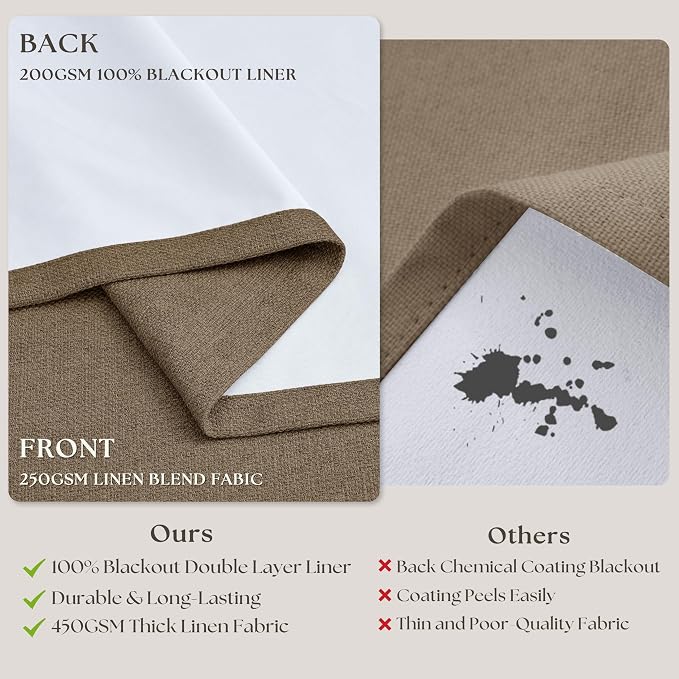 Latte Pinch Pleated 100% Blackout Linen Bedroom Curtains 86 Inch Length | - Image 8