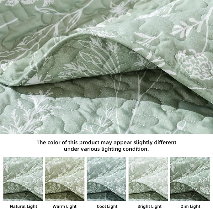 JANZAA Quilt King Size, Sage Green Quilt Floral Bedspread 3 Pcs Bedding Set | - Image 4