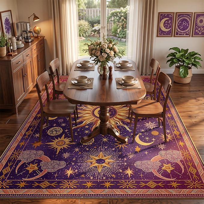 5x7 Area Rugs, Washable Vacuum-Friendly Non-Slip Rug Vintage Boho Gothic Sun - Image 3