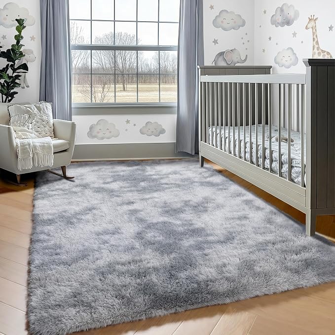 5x8 Area Rugs for Living Room Bedroom, Fluffy Tie-Dyed Light Grey Shag Rug - Image 7