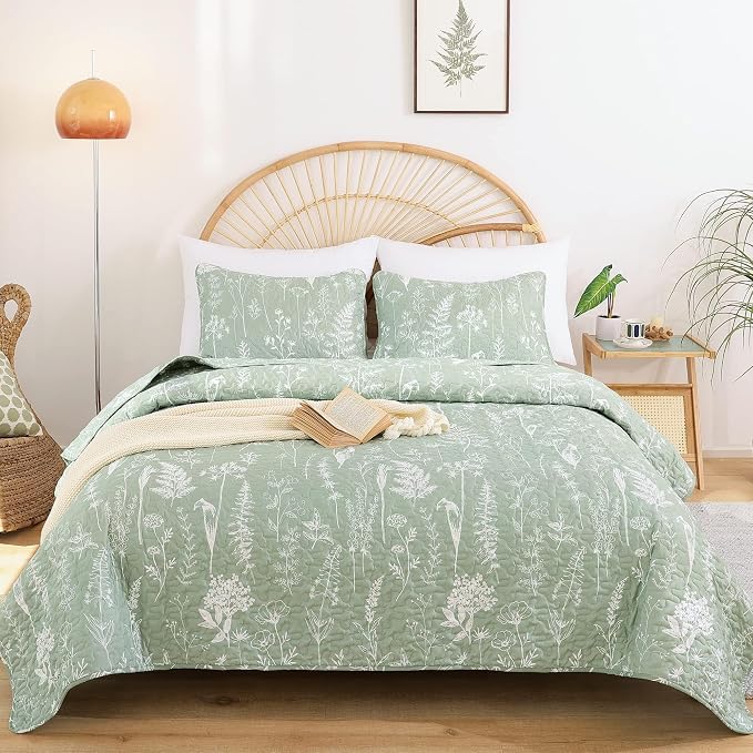 JANZAA Twin Quilt, Sage Green Quilt Set Floral Bedspread 2 Pcs Bedding Set | - Image 3