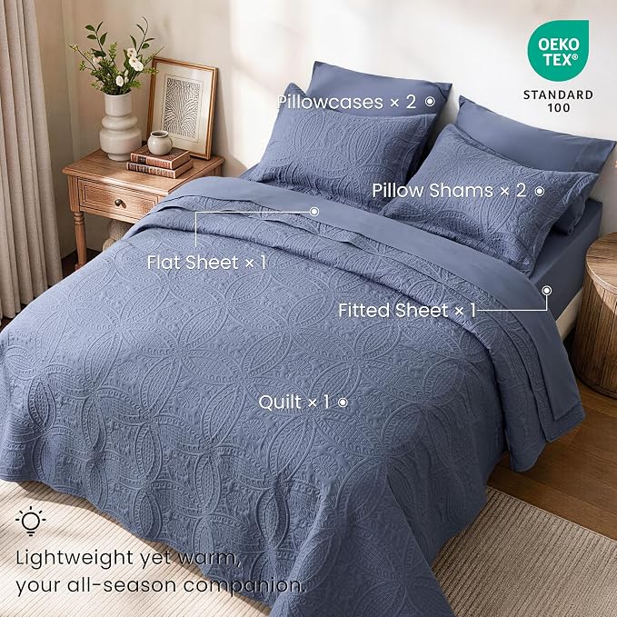 Love's cabin King Quilt Set Bluish Grey, Bed in a Bag King Size Bedding 7 Pcs - Image 2