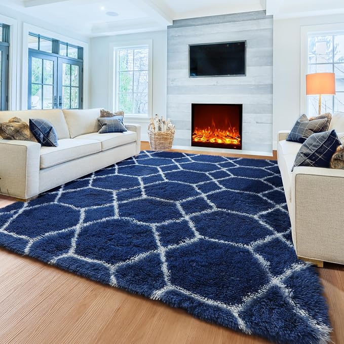 Area Rugs for Bedroom Living Room, 4x6 Fluffy Navy Blue and White Throw Rug for - Image 7