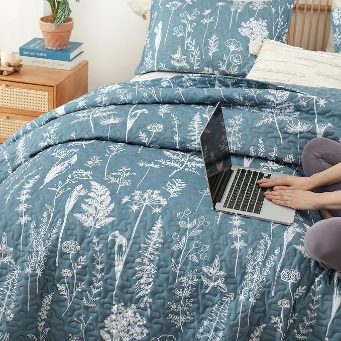 JANZAA Quilt King Size, Mineral Blue Bedspread Floral Bedding Set 3 Pieces | - Image 7