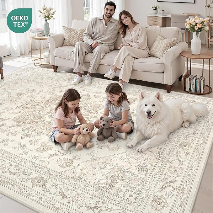 Area Rugs 9x12 Living Room: Bedroom Washable Carpet Beige White | Vintage Boho - Image 7