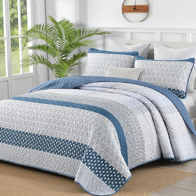 WONGS BEDDING Blue Quilt King Size, 3 Pieces Boho Striped Bedspreads | by WONGSBEDDING