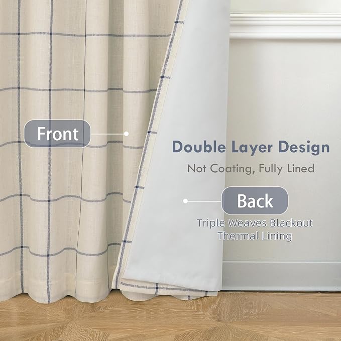 DriftAway 100% Blackout Plaid Curtains 96 Inches Long 2 Panels Navy Blue | 100% - Image 3