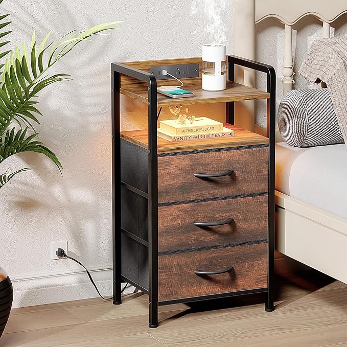 Lazzanto Nightstand with Rear Charging Station, LED Light, 3 Drawers, 2 USB-A - Image 2