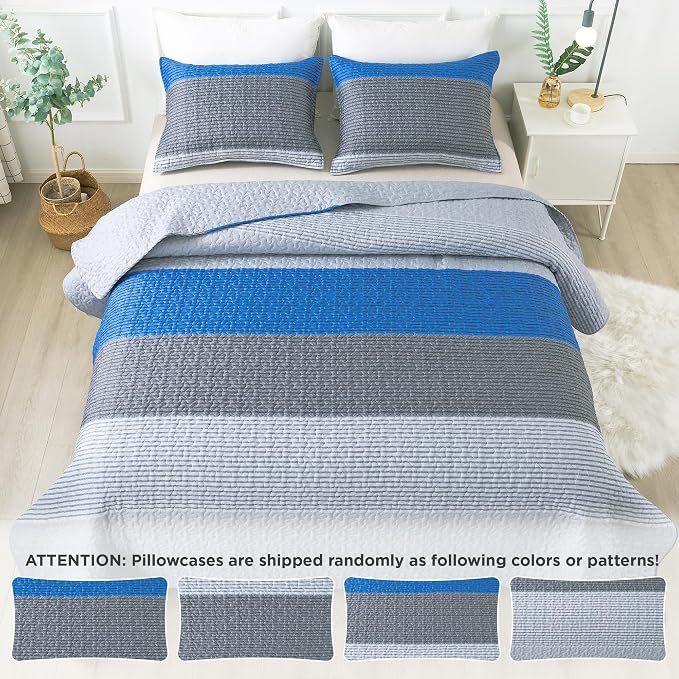 California King Quilt Set Gray Blue, 3 Pieces Bedspreads | Ultra Soft - Image 7