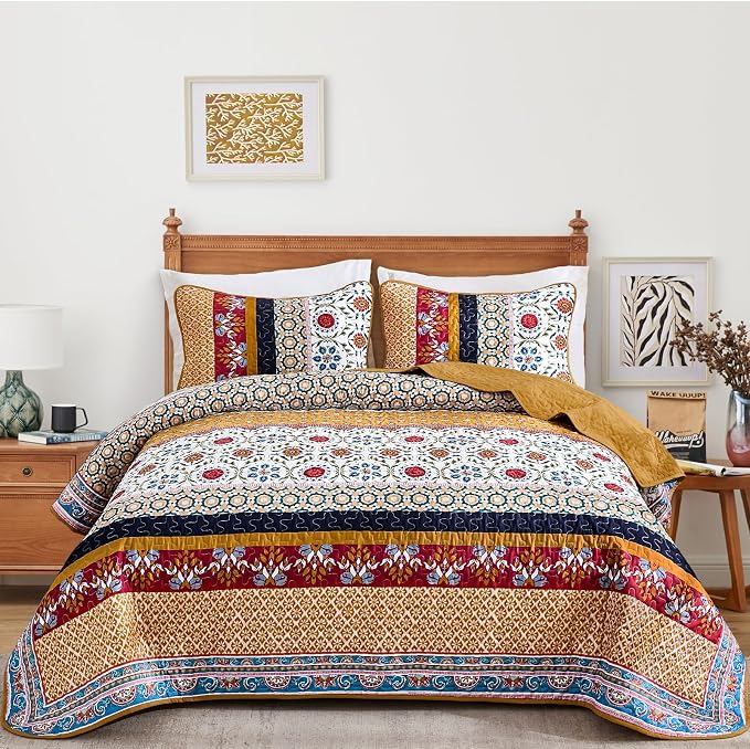 Yiran Boho Quilt Set King Size, Fall Tango Orange Patchwork Bedspreads | - Image 2