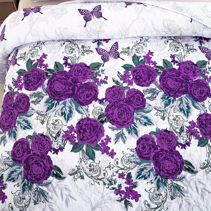 Yiran Purple Floral Quilt Set Queen Size, Rose Flowers Quilt Bedding Set | 3 - Image 5