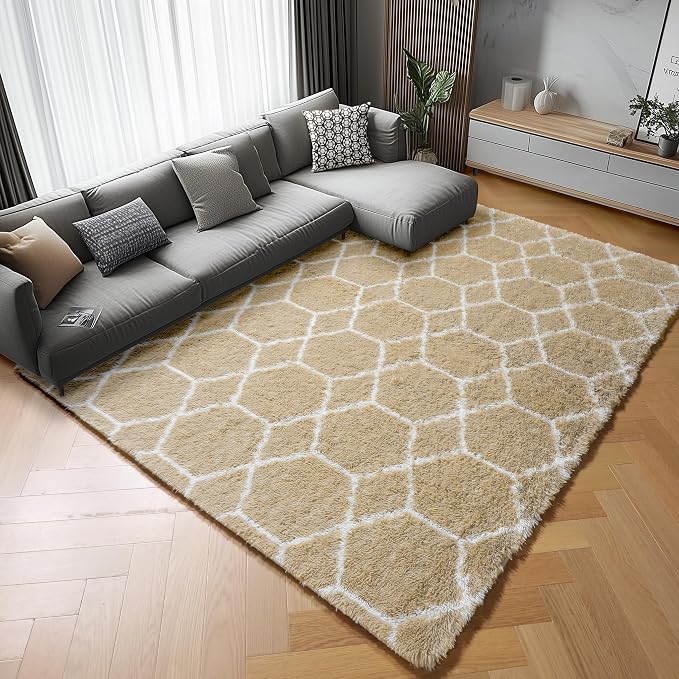 5x7 Area Rugs for Living Room Bedroom, Fluffy Beige and White Shag Rug - Image 6
