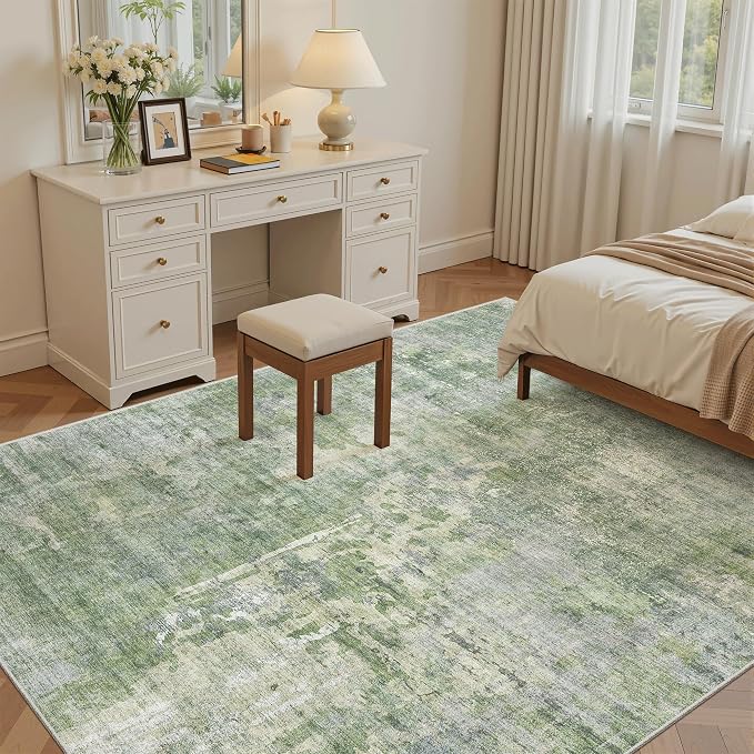 Soalmost Abstract Area Rug 6x9 for Living Room Washable Rugs Green/Ivory | - Image 3
