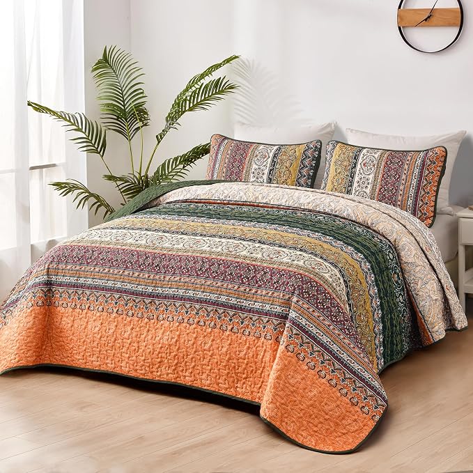 WONGS BEDDING Boho Queen Quilt Set, Fall Lightweight Bed Decor Bedspread - Image 2