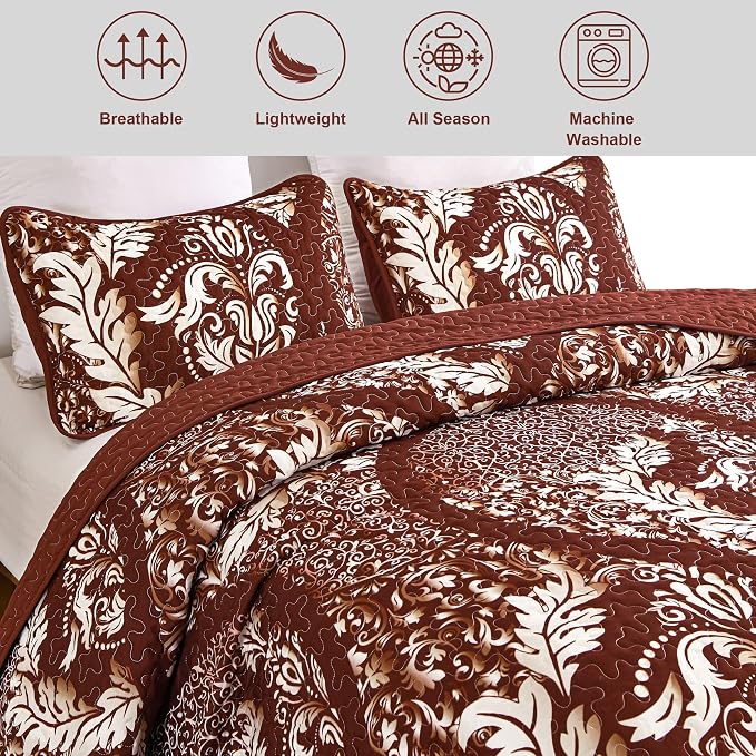 DJY Damask Queen Quilt Set, Boho Lightweight Bedding Set 3 Pcs, Burgundy | - Image 4