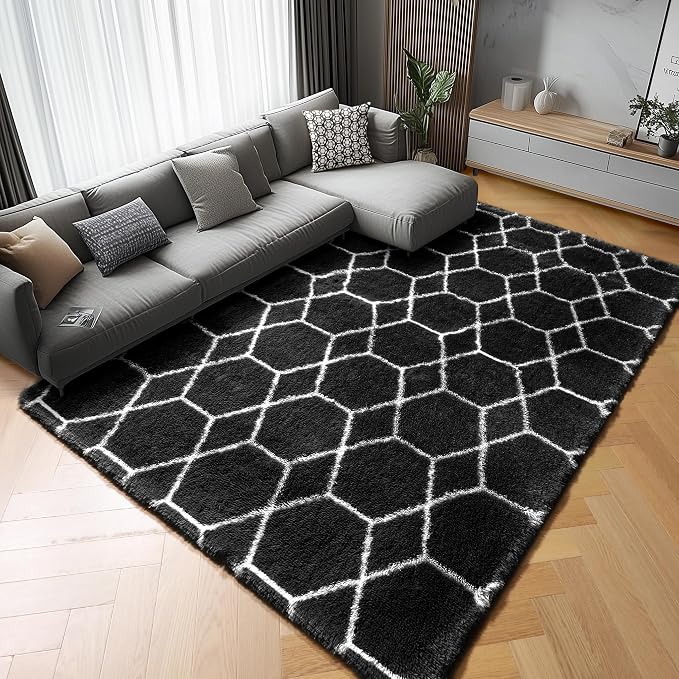 8x10 Area Rugs for Living Room, Fluffy Black and White Bedroom Rug, Geometric - Image 6