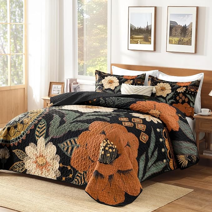 California King Quilt, Cal King Oversized Black Floral Bedspread | 3 Pieces - Image 2