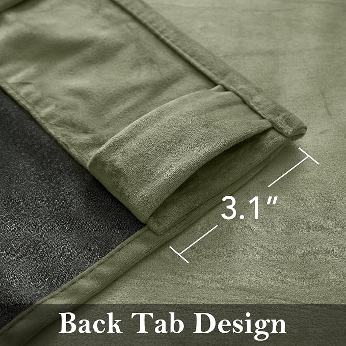 Back Tab Sage Green Velvet Blackout Curtains 108 inches, 2 Panels | Thermal - Image 2