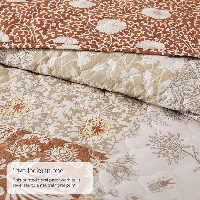 King Quilt Set-3 Pieces Soft Bedding Lightweight Floral Patchwork Coverlet | - Image 3