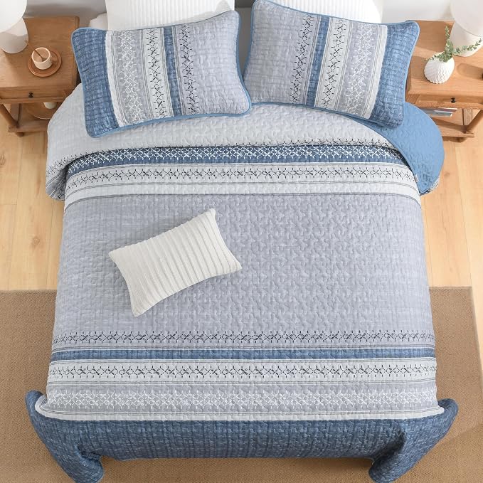 Cottolester Mineral Blue Queen Quilt Set, Boho Striped Bedspread Coverlet | - Image 6