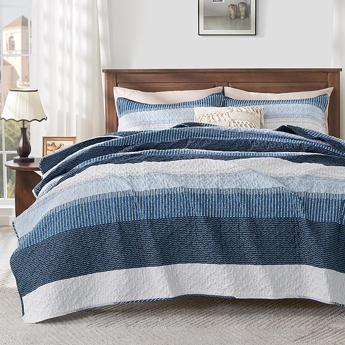 Navy Blue Quilt Twin, 2 Pieces Patchwork Striped Bedspread Set | Striped Quilt by Andency