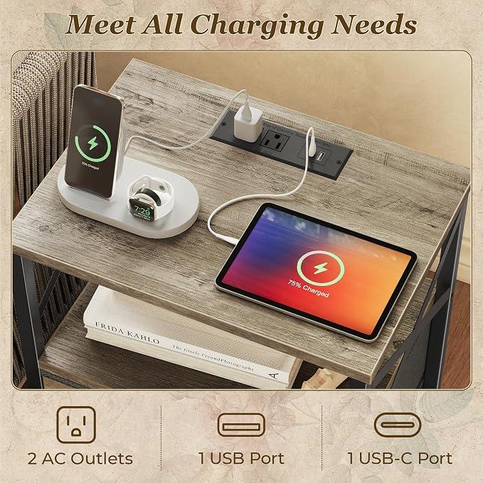 Huuger Night Stand with Charger Station, USB-C Port, End Table | 2 Drawer - Image 4