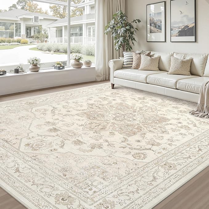 8x10 Area Rugs Living Room: Bedroom Washable Carpet Beige White | Vintage Boho - Image 9