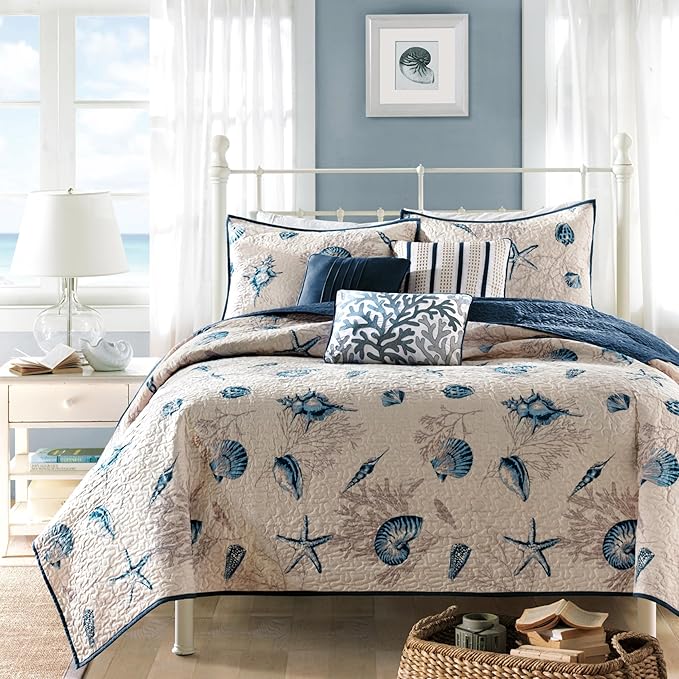 Madison Park Cottage Coastal Starfish Blue Queen Bedspread Set, Machine Washable by MADISONPARK